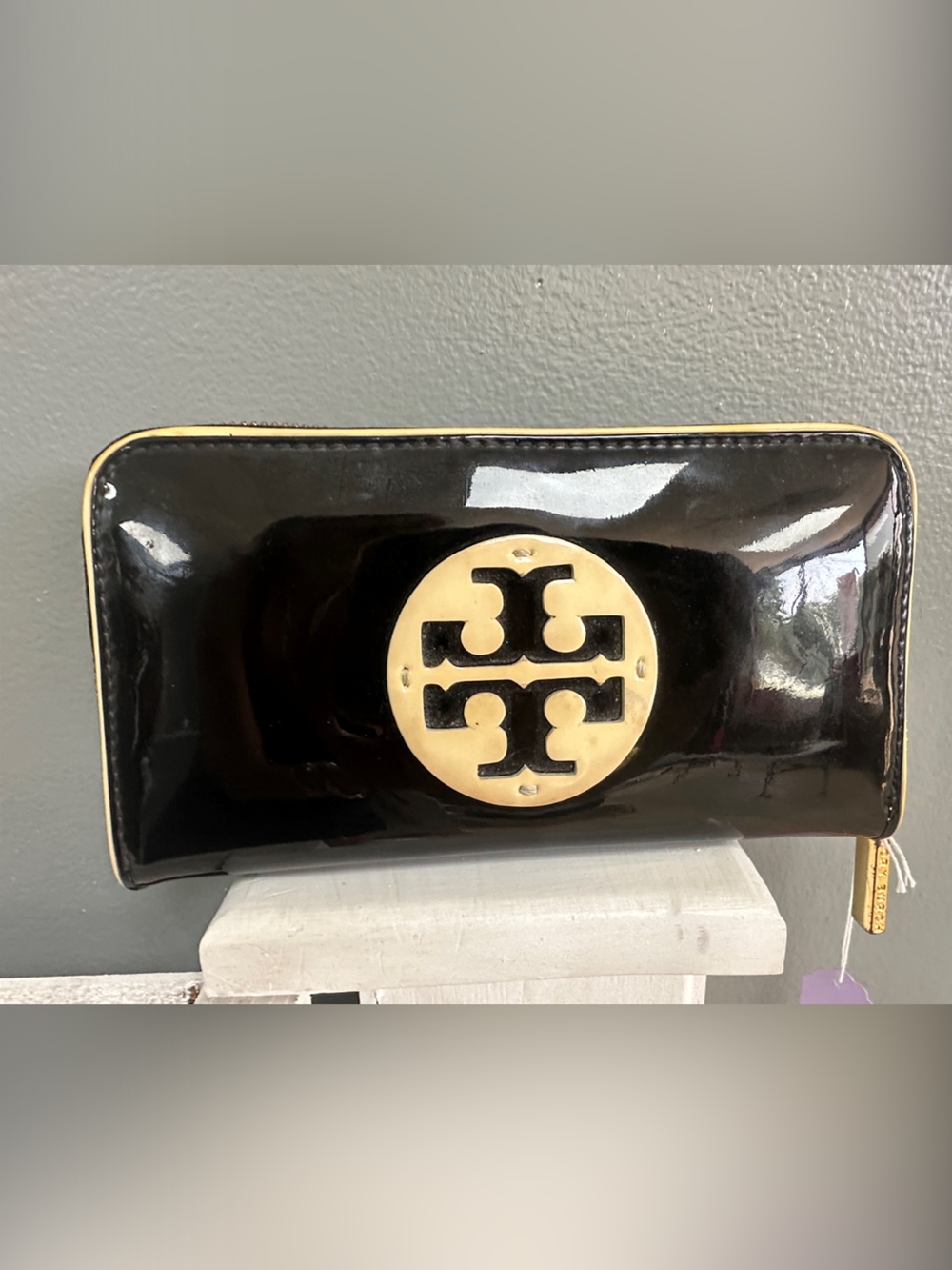 Tory Burch Black Patent Zip Wallet with Gold Logo